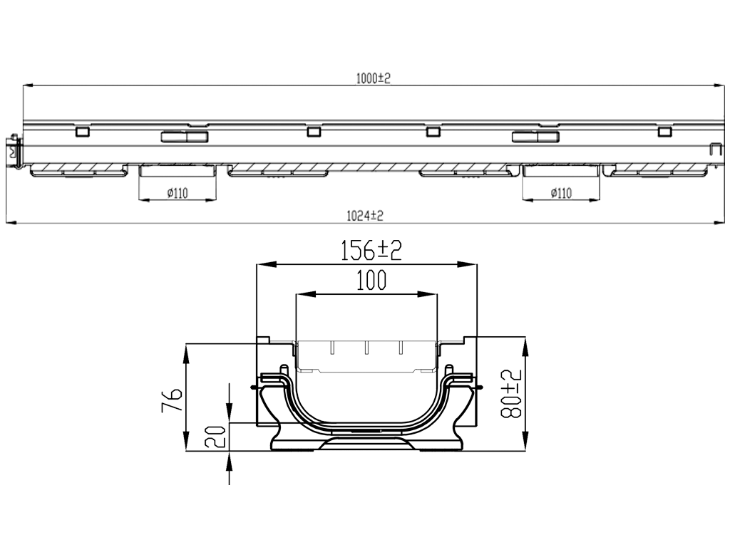 Rigola POLYMAX BASIC DN100 H80 cu gratar metalic zincat, clasa de sarcini pina la 3 tone (1000x156x80)